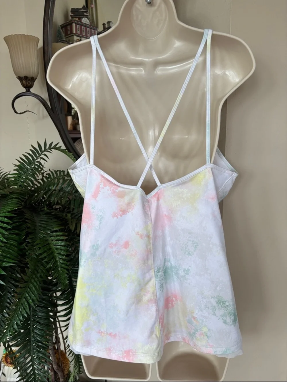 Brand New CALIA Flow Overlap Mesh Strappy Workout Tank Top in Lemon Ice Tie Dye